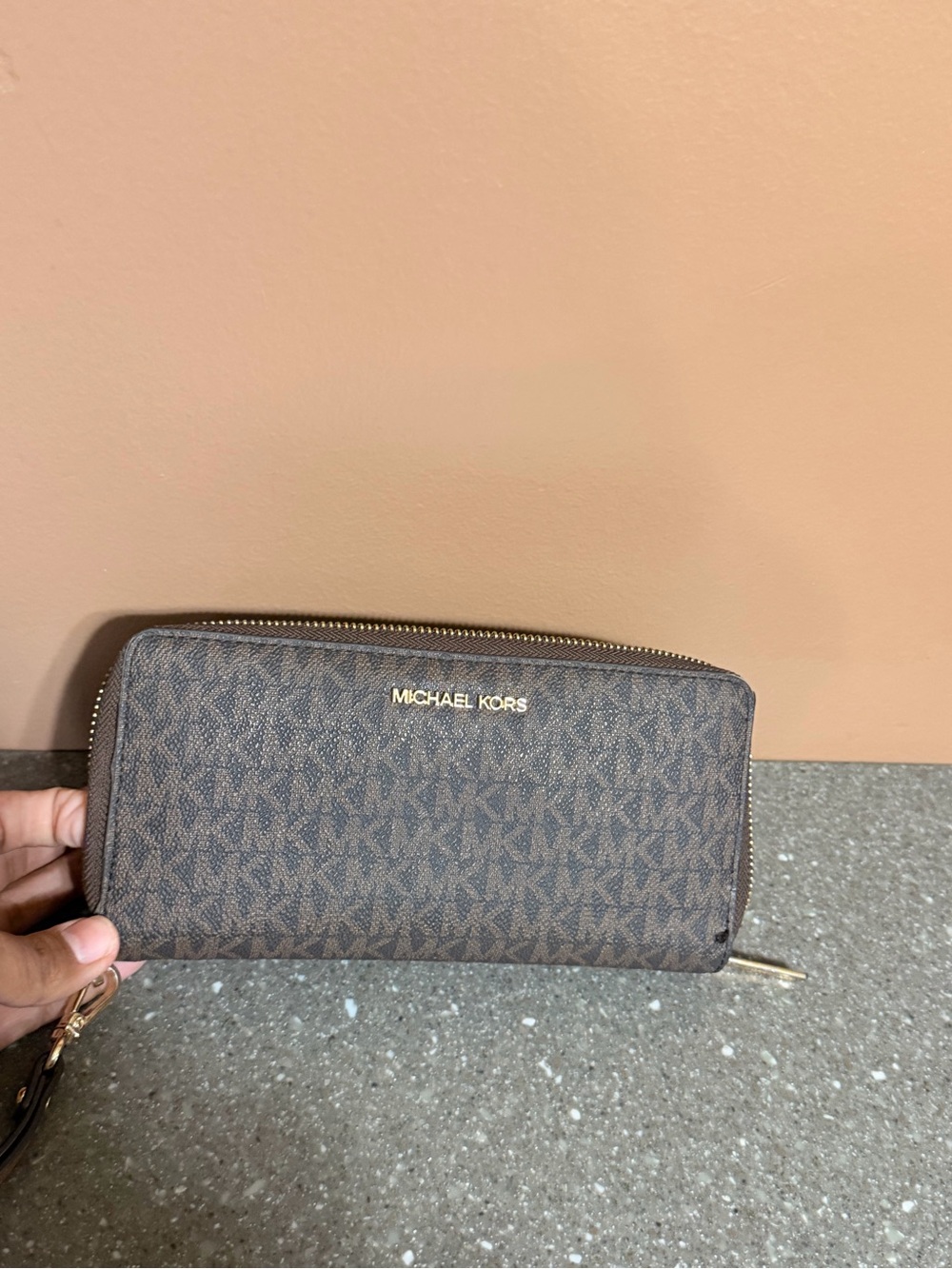 Michael Kors Brown Signature MK Zip Wallet with Gold Logo